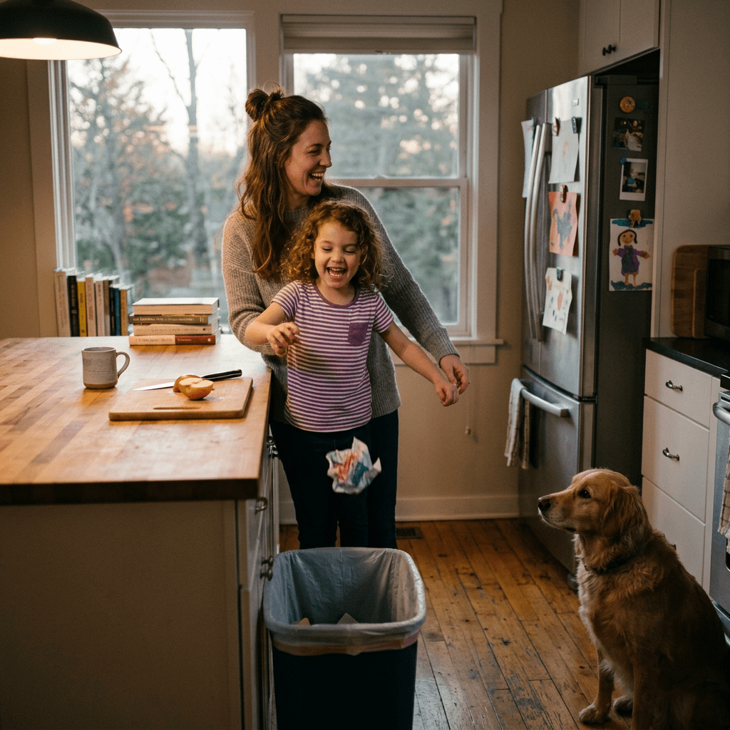 Mother helping daughter throw crumpled paper into trash can in kitchen with dog sitting