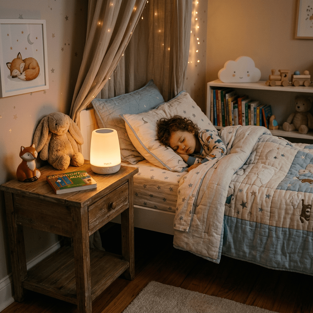 Child sleeping in bed with plush bunny, nightlight, and bedtime book