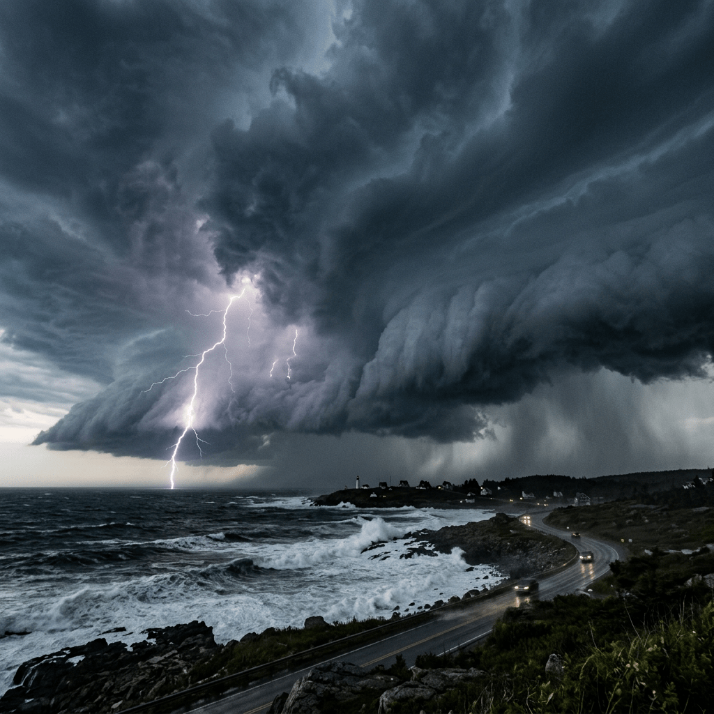 Lightning striking over a turbulent ocean coast during a severe storm with dark heavy clouds and rough waves
