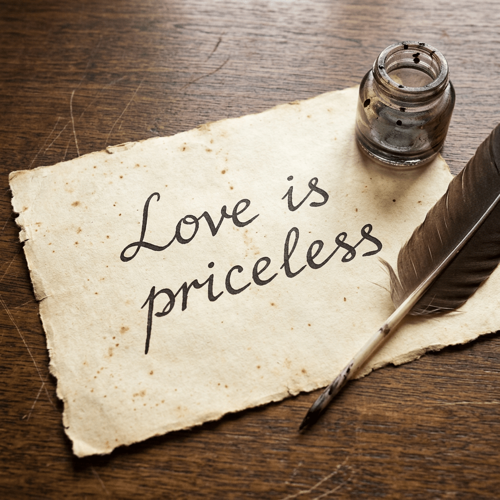 Aged paper with handwritten text 'Love is priceless' next to a feather quill and ink bottle