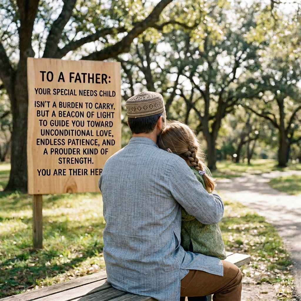 Father hugging his special needs child while sitting on a park bench