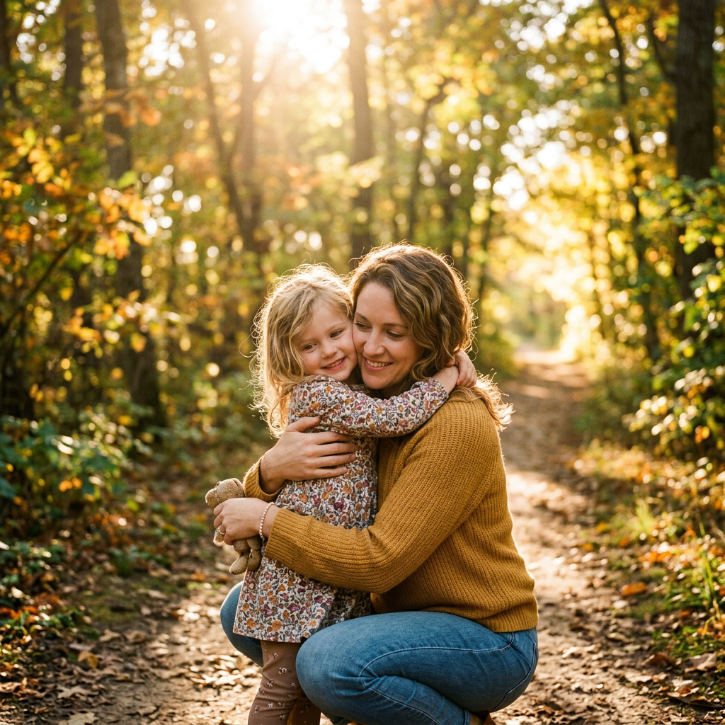 Mother kneeling and hugging daughter on forest trail with autumn leaves