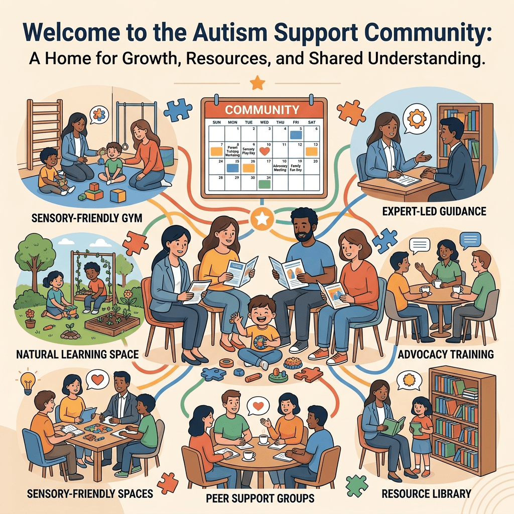 Illustration of autism support community featuring sensory-friendly gym, natural learning space, expert-led guidance, advocacy training, sensory-friendly spaces, peer support groups, and resource library