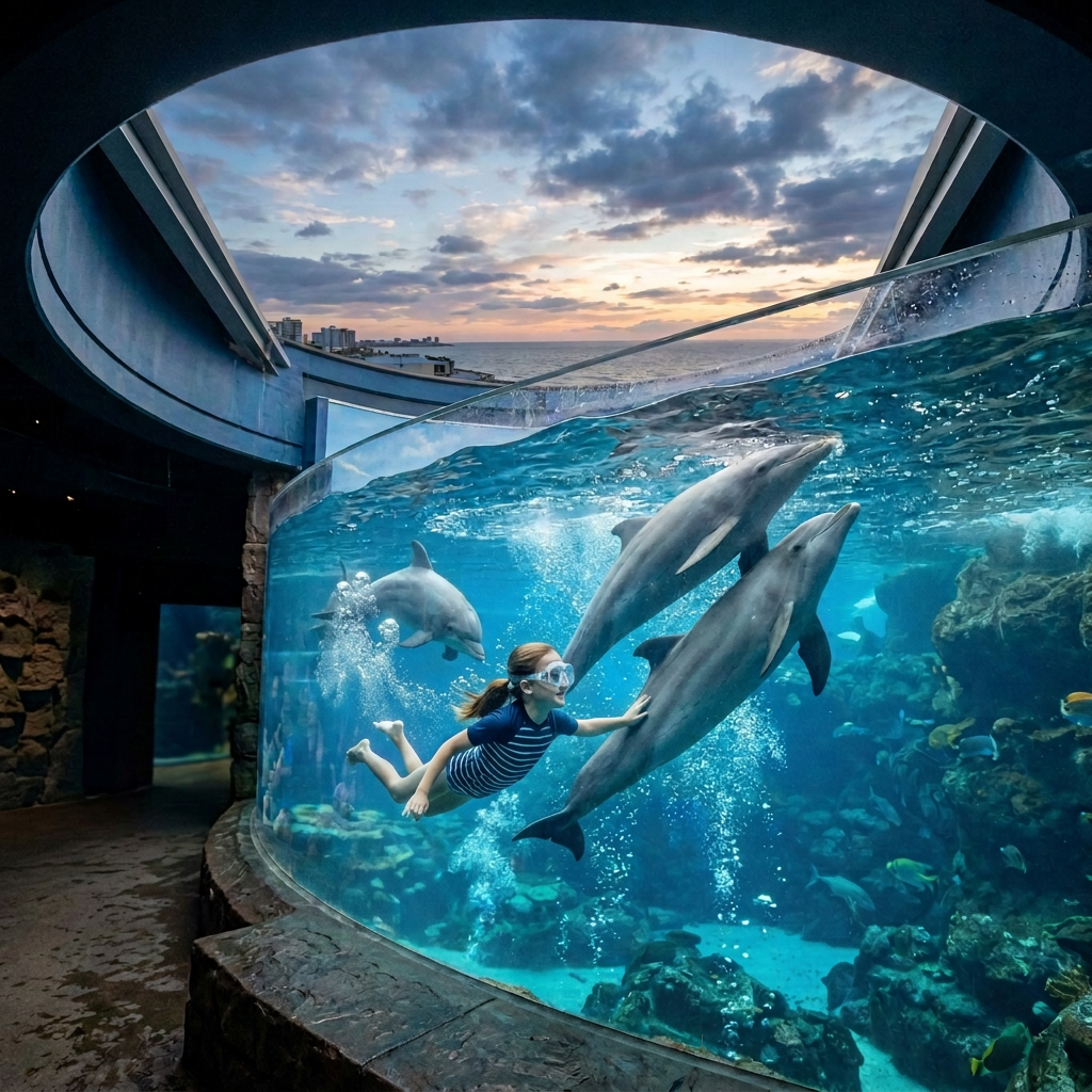 Girl watching dolphins swim in aquarium with coral and fish