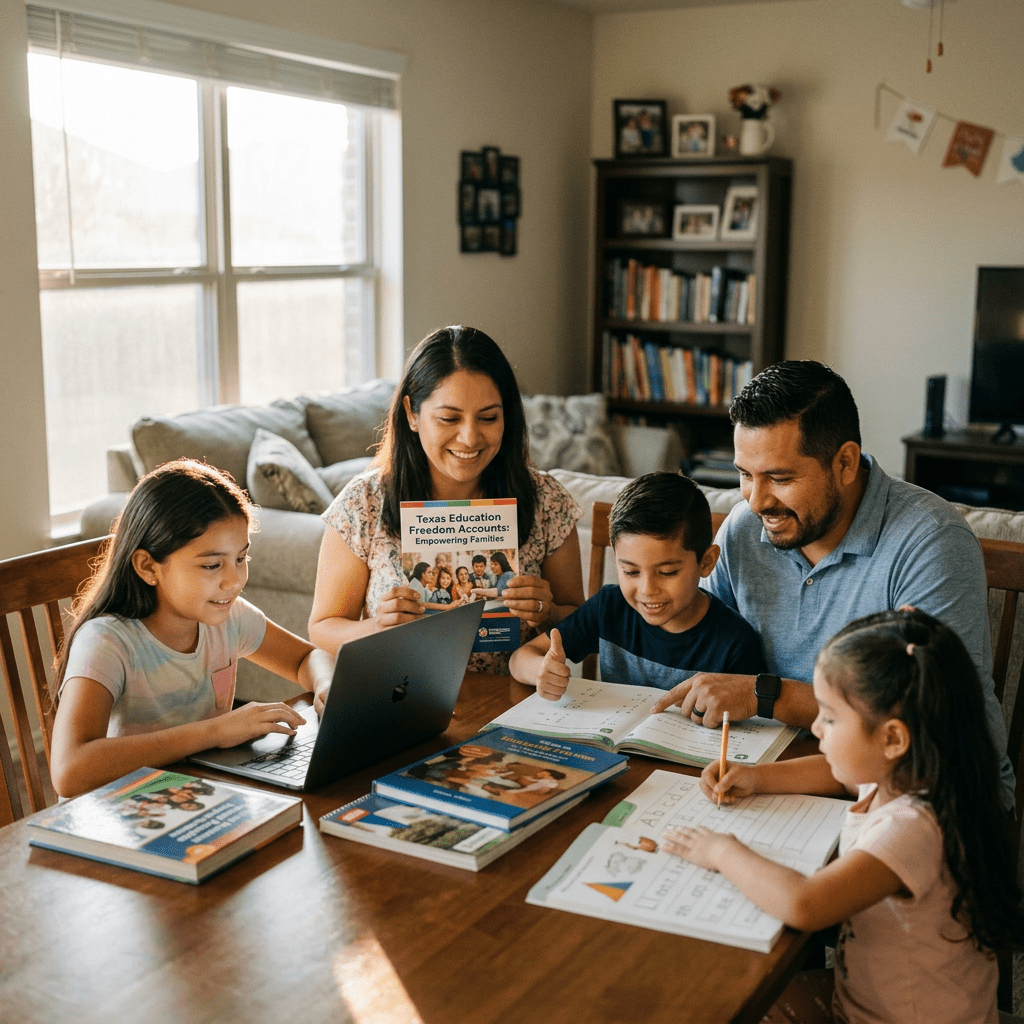 Family of five studying at a table with Texas Education Freedom Accounts booklet and educational materials