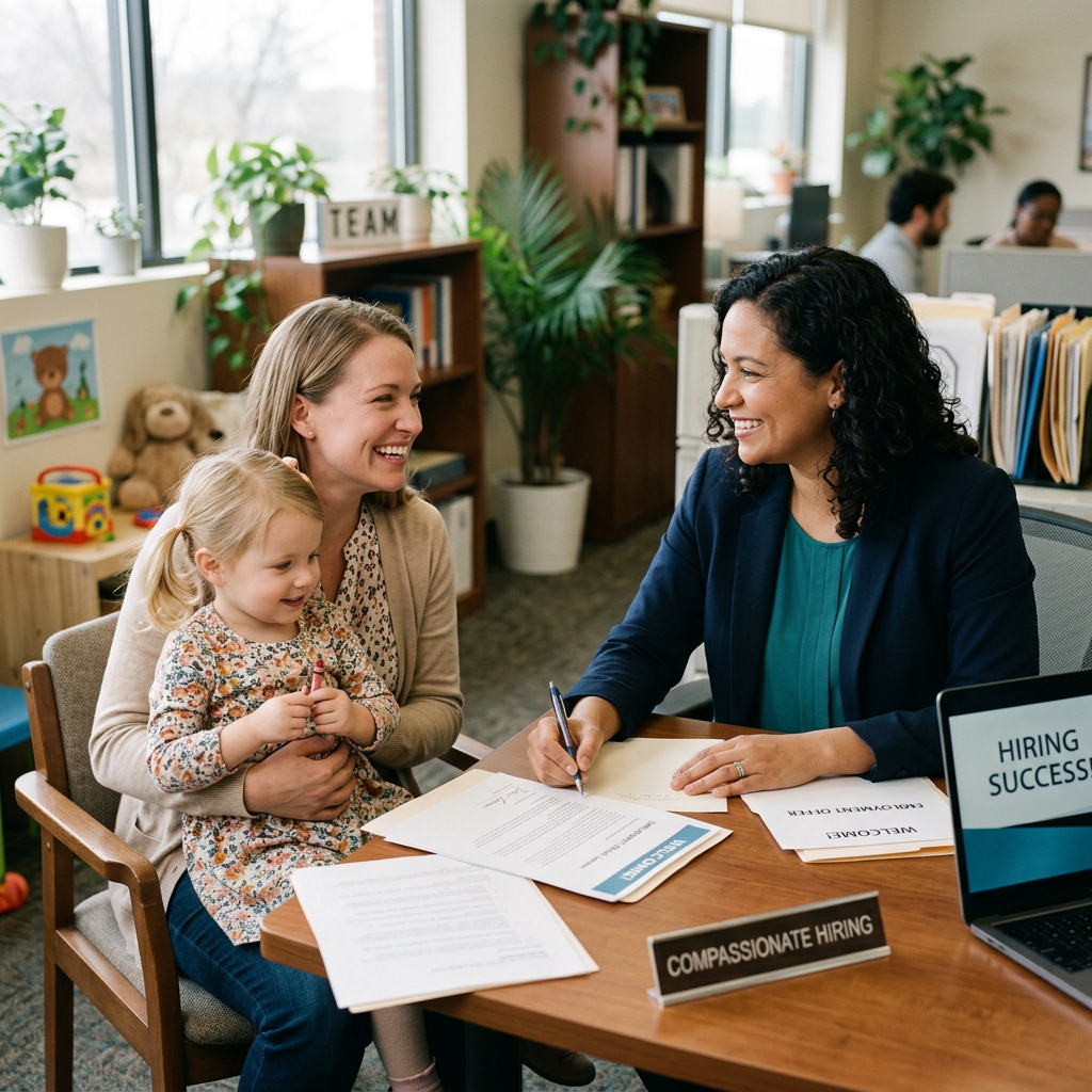 Recruiter smiling and talking to a mother holding her young daughter during a hiring consultation