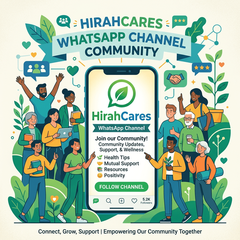 HirahCares WhatsApp Channel Community poster inviting users to follow