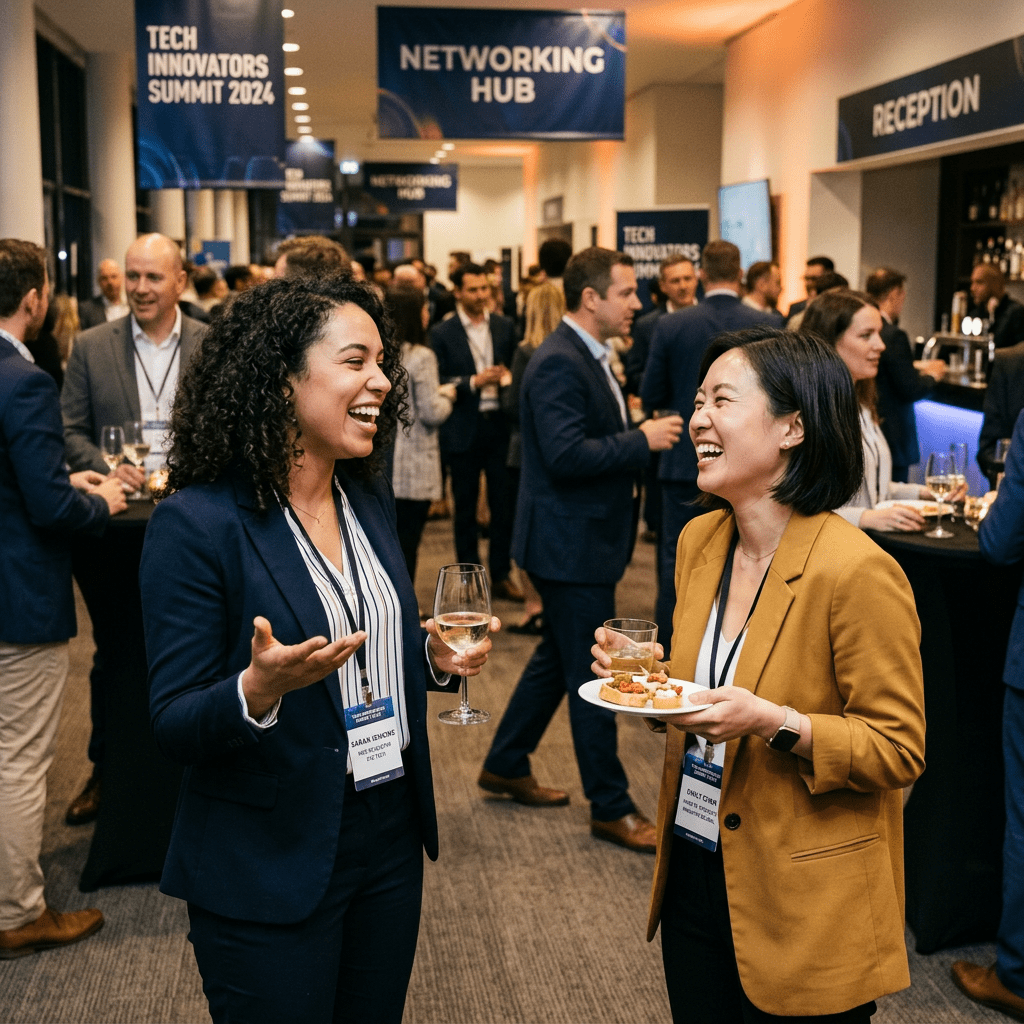 Two women laughing together at a tech summit networking reception