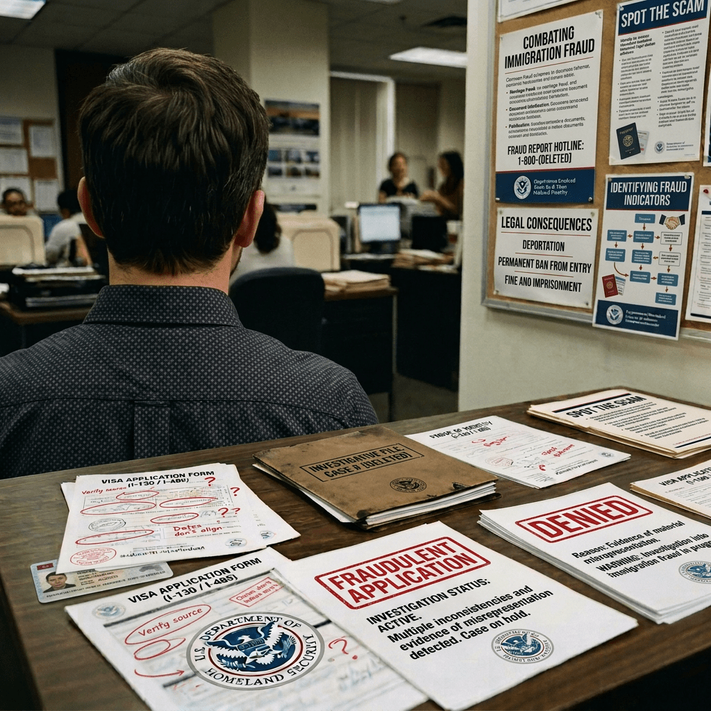 Man reviews immigration paperwork beside a visa application denied notice