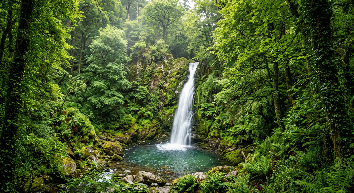 Mossy Forest Waterfall Retreat Waterfall cascading into a turquoise pool in a lush forest