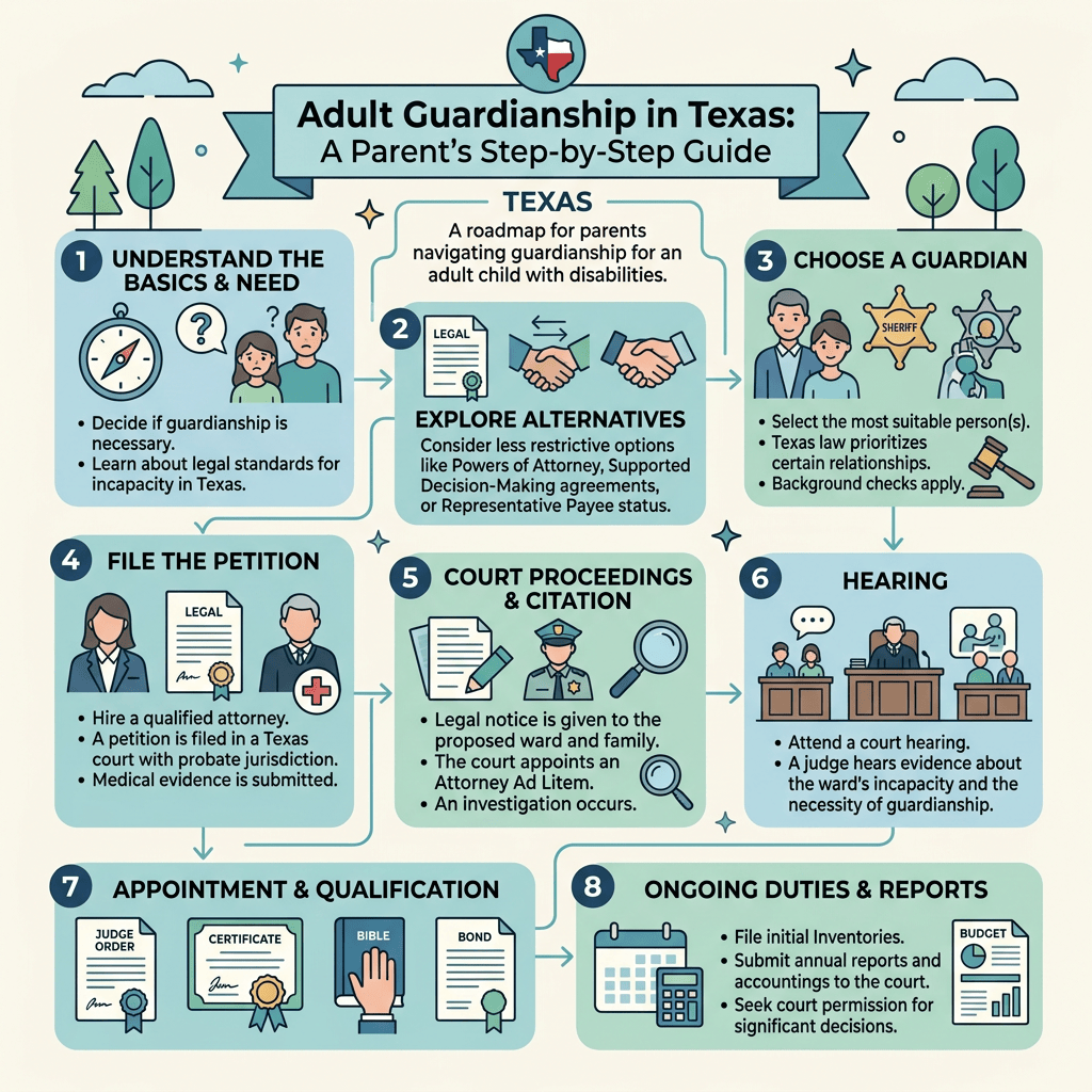 Infographic outlining eight Texas adult guardianship steps from evaluation through ongoing reporting